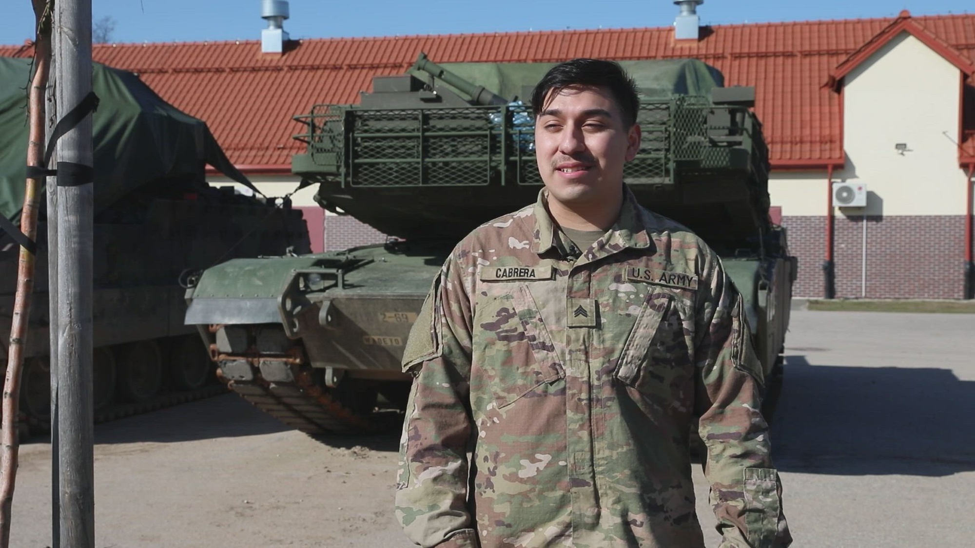 U.S. Army Sgt. Fransisco Cabrera, a M1 armor crewman assigned to Alpha Company, 2nd Battalion, 69th Armor Regiment, 2nd Armored Brigade Combat Team, 3rd Infantry Division with NATO’s enhanced Forward Presence Battle Group Poland, Provides an interview for Iron Panther, a physical training competition with NATO allies at Bemowo Piskie Training Area, Poland, March 7, 2024. Iron Panther competition boosted morale, teamwork, and trust among NATO's enhanced Forward Presence Battle Group Poland in BPTA. The 3rd Infantry Division’s mission in Europe is to engage in multinational training and exercises across the continent, working alongside NATO allies and regional security partners to provide combat-credible forces to V Corps, America’s forward-deployed corps in Europe. 