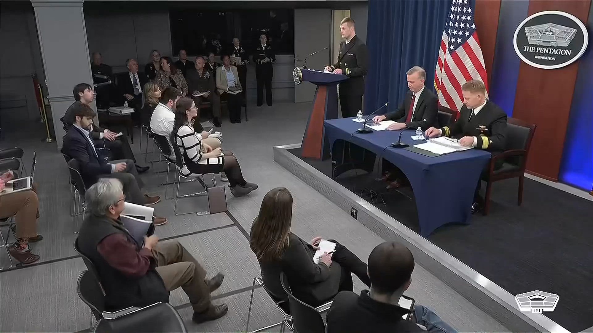 Undersecretary of the Navy Erik K. Raven and Deputy Assistant Secretary of the Navy for Budget and Director of Fiscal Management Division Rear Adm. Ben Reynolds brief the news media on the 2025 fiscal year budget at the Pentagon.