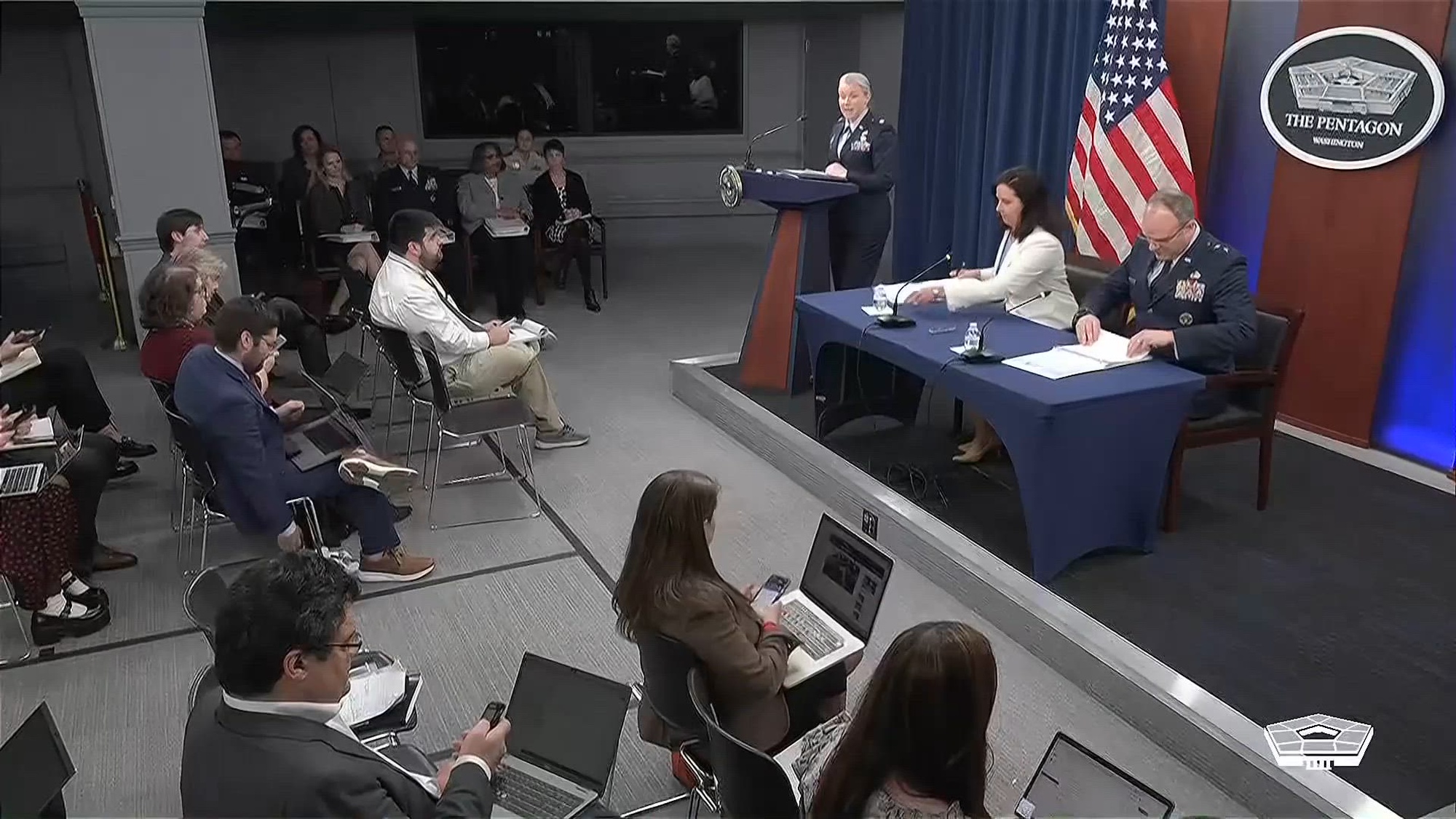 Performing the duties of Undersecretary of the Air Force Kristyn E. Jones and Deputy Assistant Secretary for Budget Air Force Maj. Gen. Mike A. Greiner brief the news media on the 2025 fiscal year budget at the Pentagon.