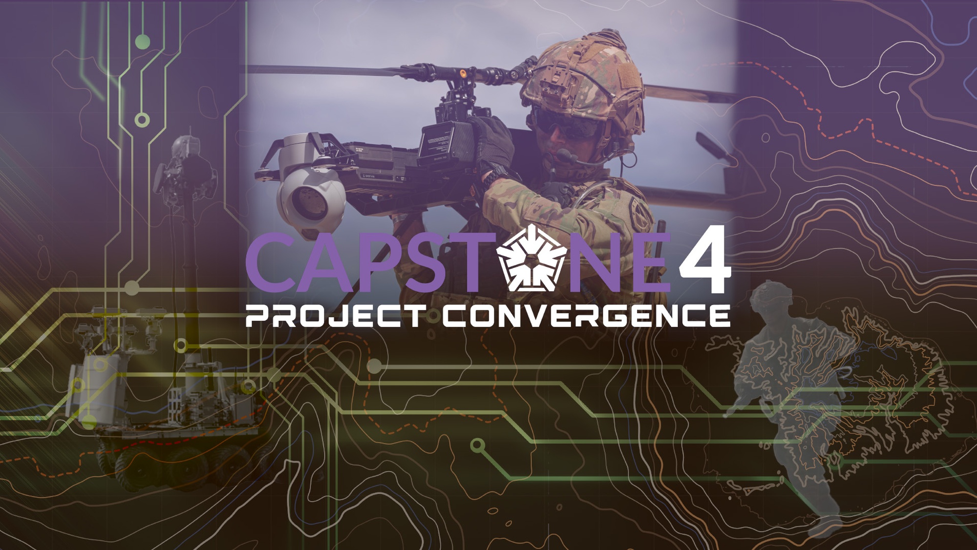 A soldier holds a device with the Project Convergence Capstone 4 logo beneath with stylized background.