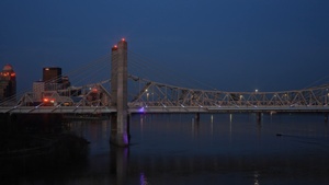 Morning skyline view of Louisville and the Ohio River (left pan)