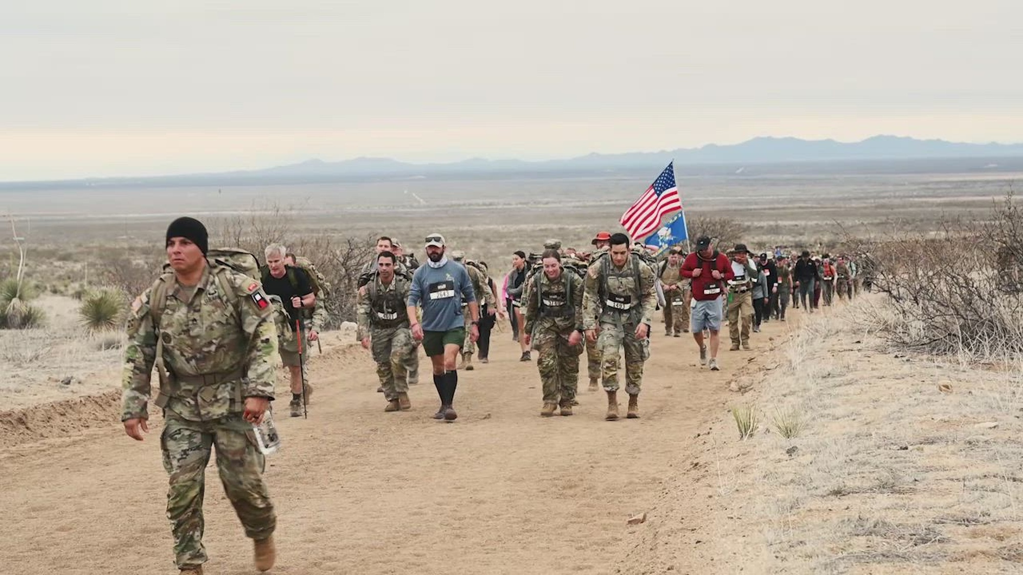 Over 5,000 service members and civilians participate in the 35th Bataan Memorial Death March, White Sands Missile Range, New Mexico, March 16, 2024. The marathon is held annually to honor the sacrifices of the U.S. and Filipino service members who were captured by the Japanese and forced to march approximately 65 miles through the jungle to Camp O’Donnell, a former Philippine army training center where the prisoners were interned. (DoD video by Navy Petty Officer 1st Class Reina J. Delgado & Joseph Clark)