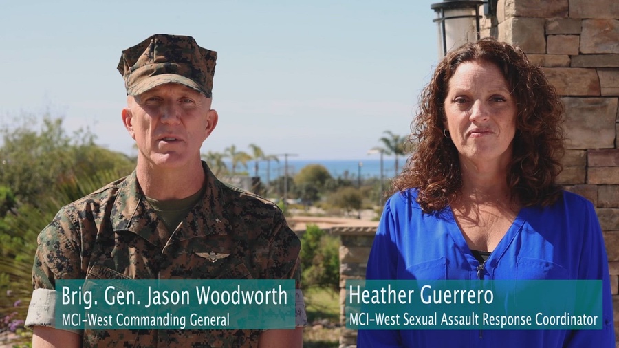 U.S. Marine Corps Brig. Gen. Jason Woodworth, the commanding general of Marine Corps Installations West, Marine Corps Base Camp Pendleton, and Heather Guerrero, the sexual assault response coordinator for MCI-West, MCB Camp Pendleton, speak on Sexual Assault Awareness and Prevention Month at MCB Camp Pendleton, California, March 19, 2024. April is dedicated to raising public awareness about sexual violence and educating the community on how to prevent it. The DoD observes SAAPM by focusing on creating the appropriate culture to eliminate sexual assault and requiring a personal commitment from all service members. (U.S. Marine Corps video by Lance Cpl. Adrian Estrada)