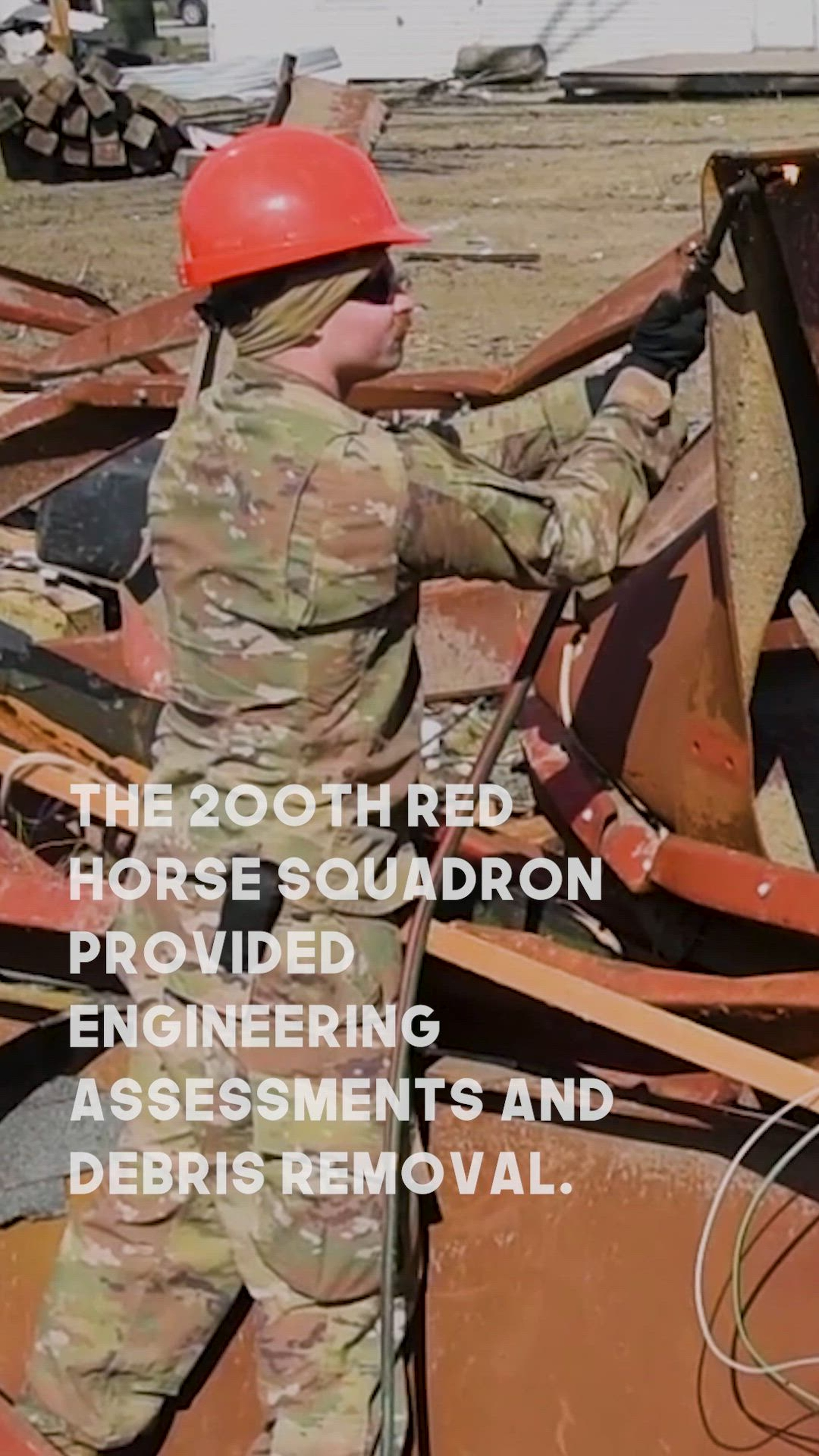 Airmen with the 200th Rapid Engineer Deployable Heavy Operational Repair Squadron (RED HORSE) clear debris from a section of U.S. Route 33 in Logan County, Ohio, March 20, 2024. The Ohio National Guard Airmen were mobilized to work under local authorities in cooperation with other state agencies to assist local authorities and state agencies in the wake of an EF3 tornado that struck the area on March 14. The primary mission of the 200th RED HORSE is engineering assessments and debris removal. (U.S. Air National Guard video by Senior Airman Grace Riegel; Edited by Master Sgt. Brandy Fowler)