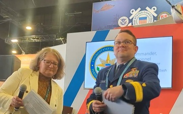 Coast Guard commander of the Personnel Service Center, speaks at the Sea Air and Space conference 2024