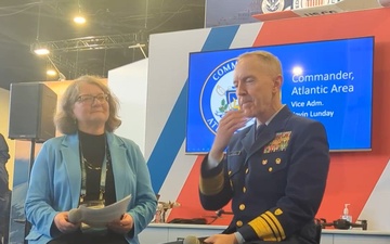 Coast Guard Atlantic Area and Defense Force East commander, speaks at the Sea Air and Space conference 2024