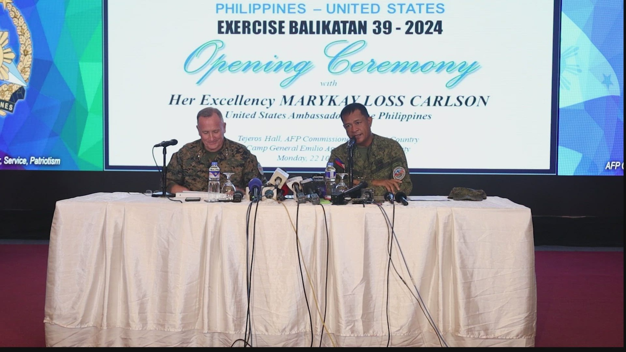 U.S. Marine Corps Lt. Gen. William M. Jurney, U.S. exercise director representative and Marine Forces Pacific commanding general, and Armed Forces of the Philippines Maj. Gen. Marvin L Licudine Pa, the Philippine exercise director, conduct a press conference following the opening ceremony for Exercise Balikatan 24 at Camp Aguinaldo, Manila, Philippines, April 22, 2024. BK 24 is an annual exercise between the Armed Forces of the Philippines and the U.S. military designed to strengthen bilateral interoperability, capabilities, trust, and cooperation built over decades of shared experiences. (U.S. Marine Corps video by Lance Cpl. Christian Radosti)