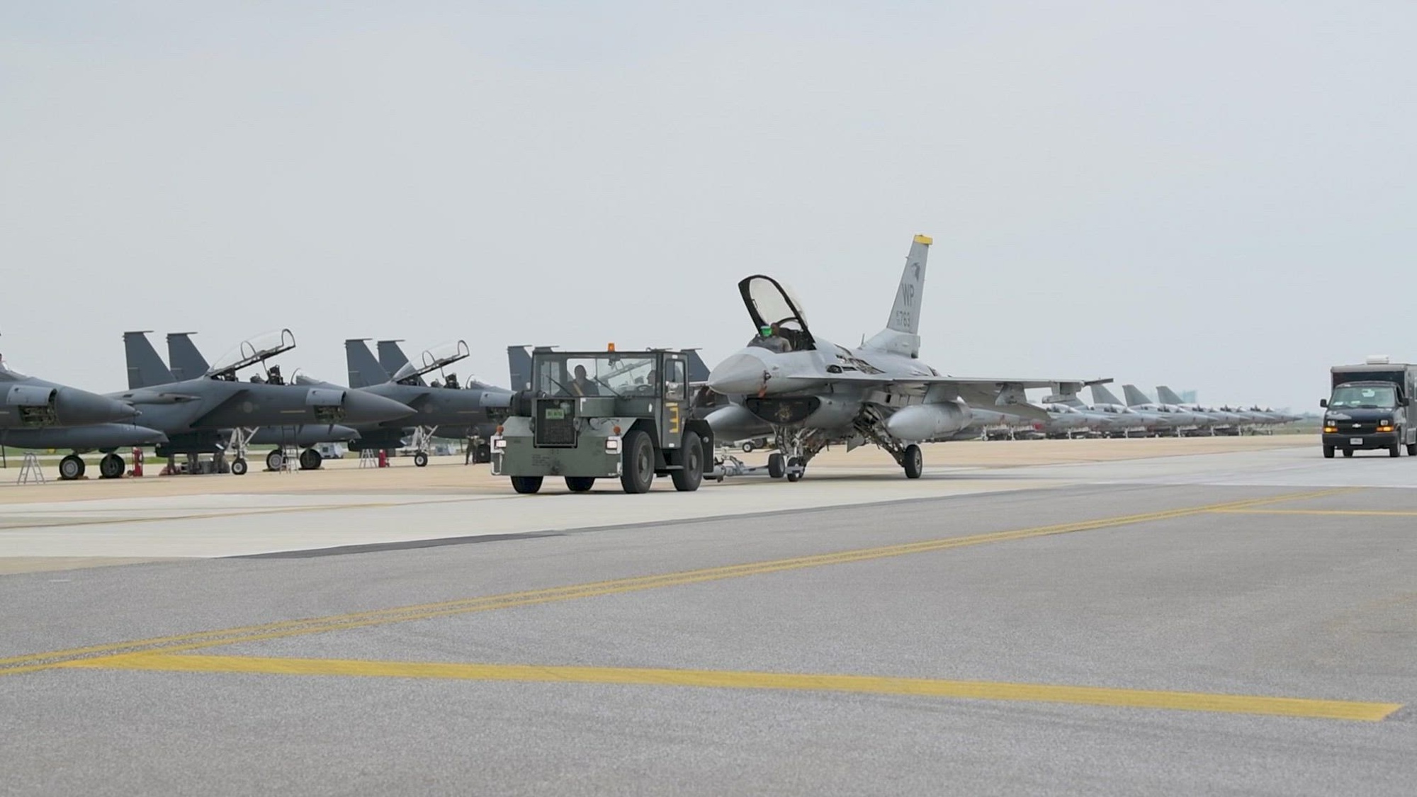 U.S. Marines with Marine Fighter Attack Squadron 121, Marine Aircraft Group 12, 1st Marine Aircraft Wing, U.S. Airmen with 25th Fighter Squadron, 35th Fighter Squadron, and Republic of Korea (ROK) Airmen with the 11th Fighter Wing conduct flight operations in support of Korea Flying Training 2024 at Kunsan Air Base, ROK, April 22, 2024. Korea Flying Training 24 is a large-scale employment training exercise enhancing U.S. and ROK interoperability and ultimately strengthening U.S. and ROK commitments to maintain peace in the region. (U.S. Marine Corps video by Lance Cpl. Alejandra Vega)