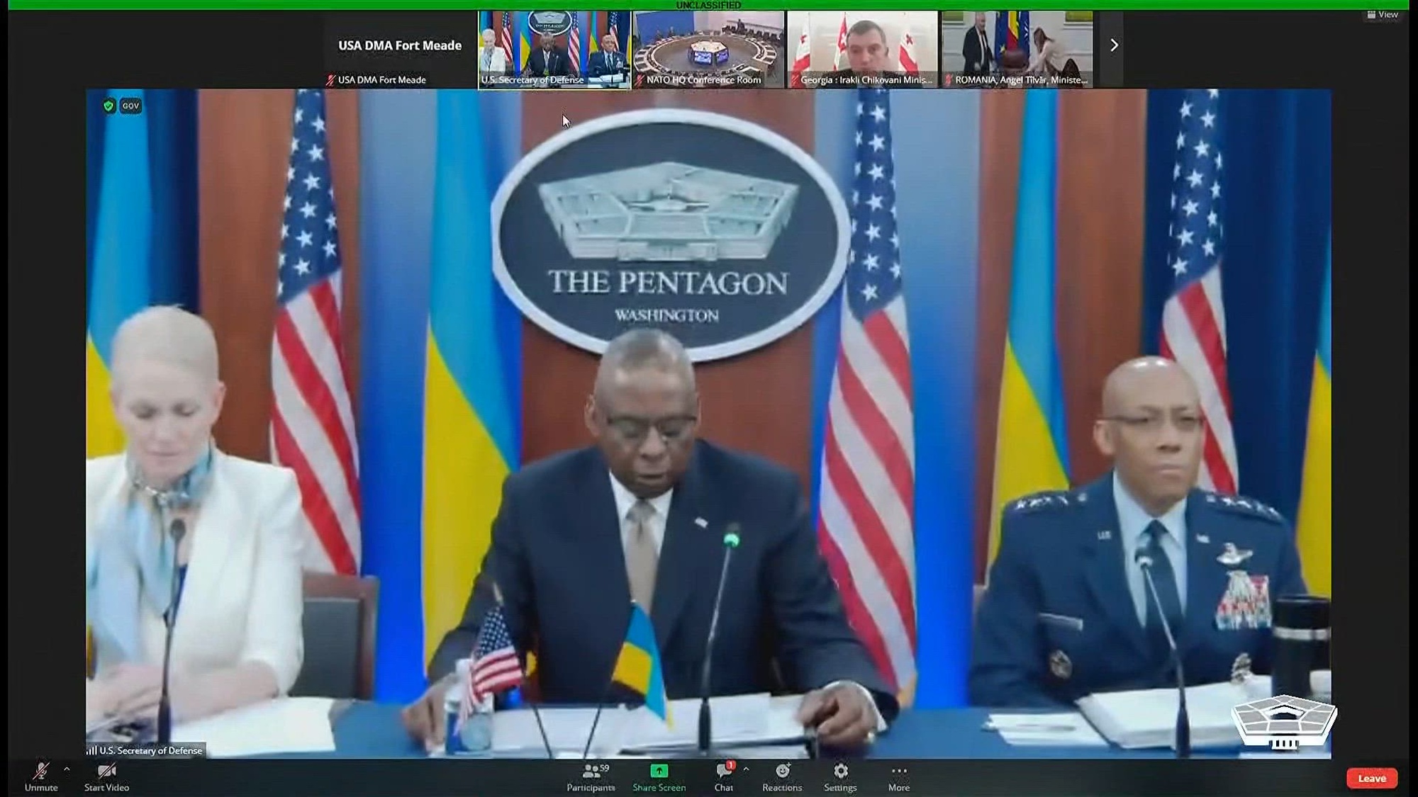 Secretary of Defense Lloyd J. Austin III gives the opening remarks at the virtual Ukraine Defense Contact Group meeting.