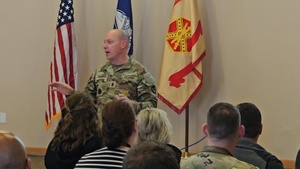 Fort McCoy command sergeant major speaks during April 2024 town hall, workforce briefing for installation workforce