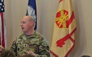 Fort McCoy command sergeant major speaks during April 2024 town hall, workforce briefing for installation workforce