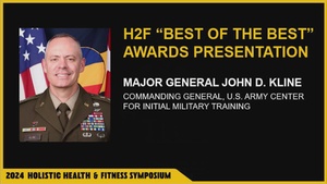 Maj. Gen. John Kline and the 17th Sergeant Major of the Army, Michael Weimer, present the 2024 H2F Best in Class awards during the Holistic Health and Fitness Symposium
