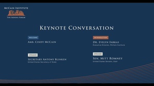 Secretary of State Antony J. Blinken participates in a keynote conversation with U.S. Senator Mitt Romney at the McCain Institute’s 2024 Sedona Forum in Sedona, Arizona