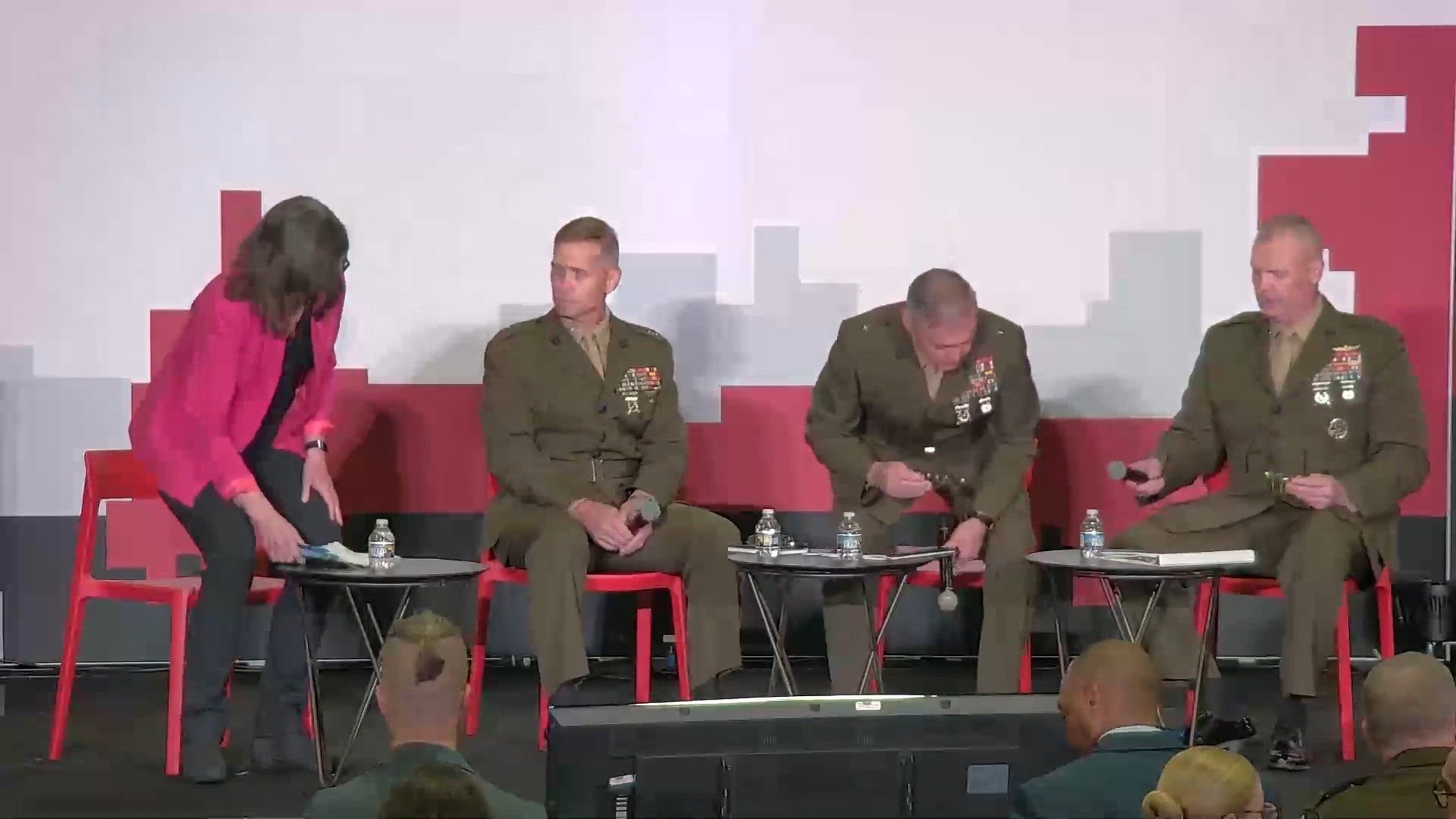 Dr. Cynthia Cook Director, Defense-Industrial Initiatives Group, Center for Strategic and International Studies moderates a Professional Military Education Panel during Modern Day Marine 2024 in Washington, D.C., April 30, 2024.  Commanding General, Marine Corps Logistics Command Maj. Gen. Keith Reventlow, Commanding General, 2nd Marine Logistics Group Brig. Gen. Michale McWilliams and Assistant Deputy Commandant, Combat Development and Integration Brig. Gen. David Frietze come together to discuss Stand-in Forces Persisting in a Contested Environment and answer questions.