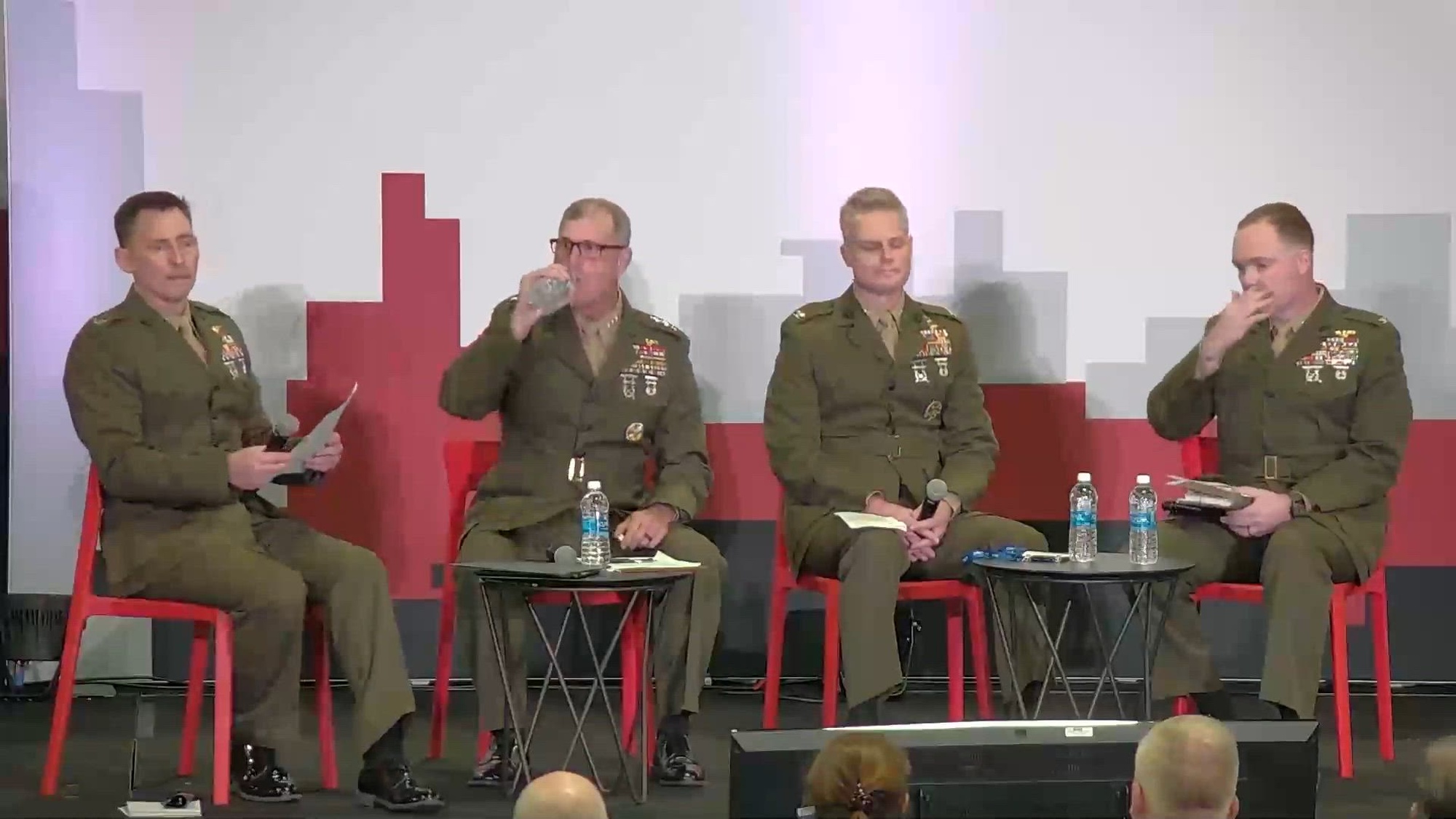 Branch Head, Air Warfare Systems, DCA Col. Brian Grant moderates a Professional Military Education Panel during Modern Day Marine 2024 in Washington, D.C., April 30, 2024. , Deputy Commandant, Aviation Lt. Gen. Bradford Gering, Director of the Cunningham Group, Deputy Commandant for Aviation Col. Derek Brannon and Science and Technology & Rapid Capabilities Office Director, Marine Corps Warfighting Lab - Futures Directorate Col Nathan S. Marvel come together to discuss Modernizing within the Acquisition Process and answer questions.
