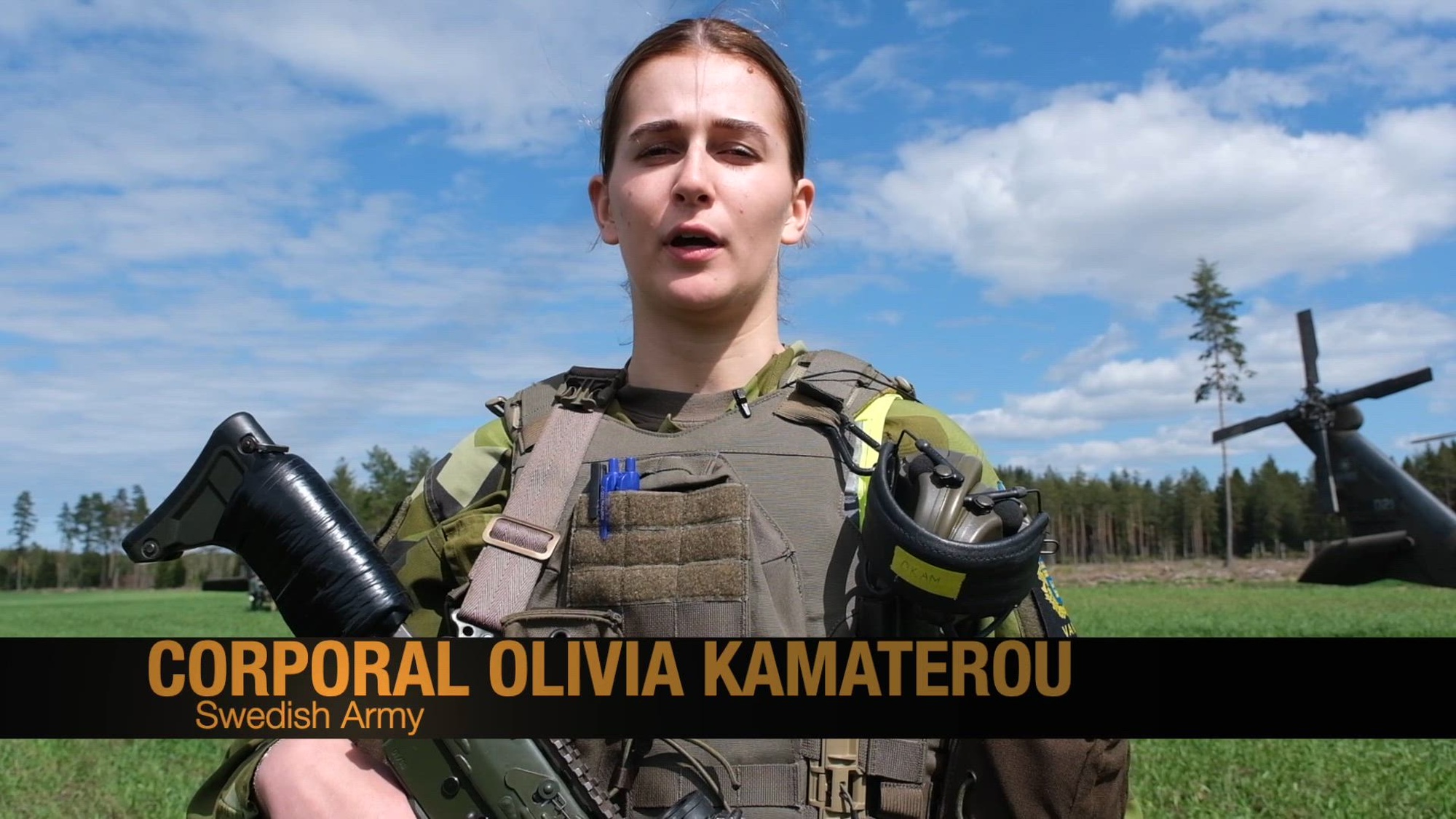 Corporal Olivia Kamaterou, Swedish Armed Forces, speaks about her experience during DEFENDER 24, Hagshulkts, Sweden, May 7, 2024. DEFENDER 24 is the largest U.S. Army exercise in Europe and includes more than 17,000 U.S. and 23,000 multinational service members from more than 20 Allied and partner nations. NATO Allies and partner ground forces can be deployed anytime, anywhere. DEFENDER 24 is a multilateral demonstration of cooperation, collaboration, interoperability, and solidarity to promote peace and security. (By Staff Sgt. Josiah Pugh)