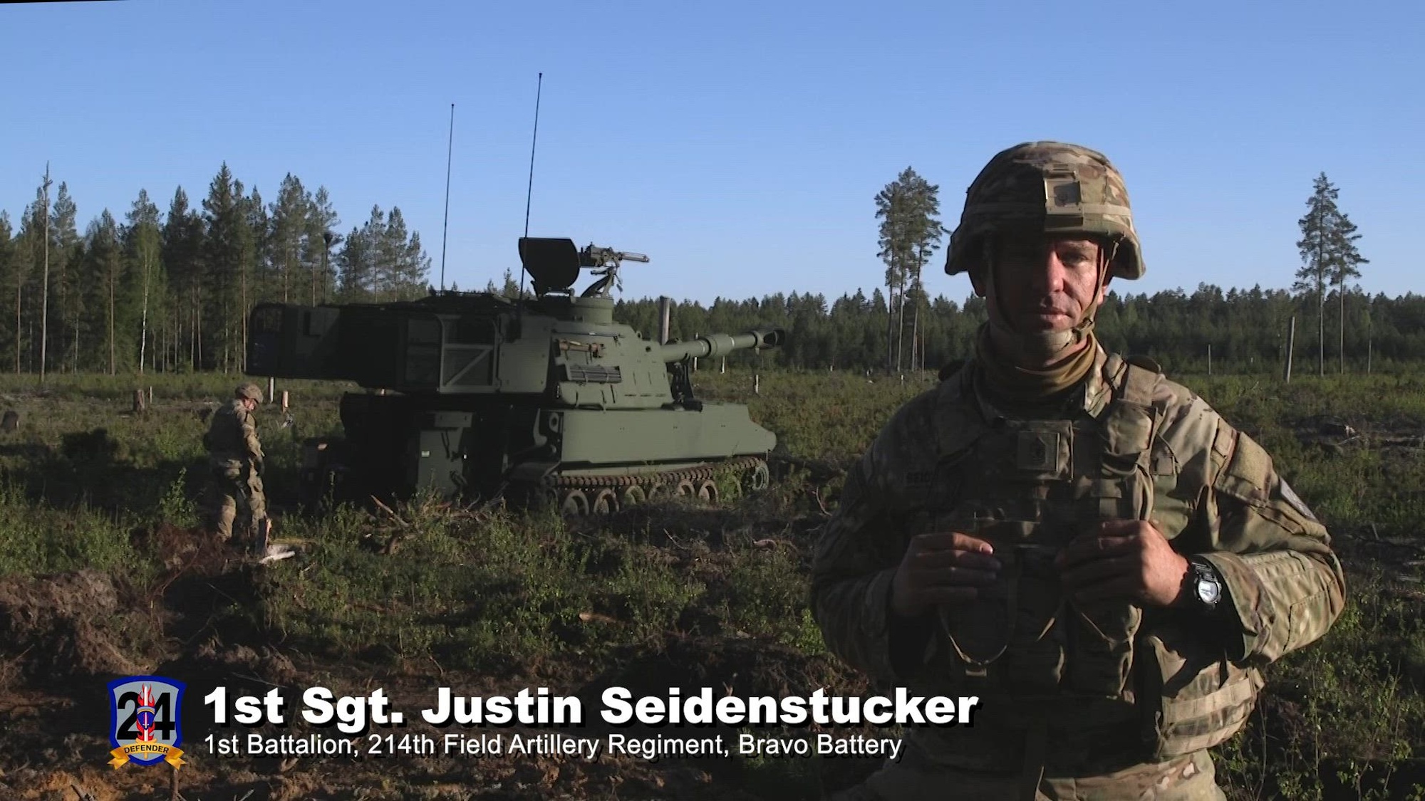 U.S. Army 1st Sgt. Justin Seidenstucker, assigned to the Thomson-based, Bravo Battery, 1st Battalion, 214th Artillery Regiment, 648th Maneuver Enhancement Brigade, Georgia Army National Guard, explains the unit's role during React to Contact exercises during the DEFENDER 24 exercise in Skillingaryd, Sweden on May 7, 2024. DEFENDER 24 is the Dynamic Employment of Forces to Europe for NATO Deterrence and Enhanced Readiness, and is a U.S. European Command scheduled, U.S. Army Europe and Africa conducted exercises that consist of Saber Strike, Immediate Response, Swift Response. DEFENDER 24 is linked to NATO's Steadfast Defender exercise, and DoD's Large Scale Global Exercise, taking place from 28 March to 31 May. DEFENDER 24 is the largest U.S. Army exercise in Europe and includes more than 17,000 U.S. and 23,000 multinational service members from more than 20 Allied and partner nations, including Croatia, Czechia, Denmark, Estonia, Finland, France, Germany, Georgia, Hungary, Italy, Latvia, Lithuania, Moldova, Netherlands, North Macedonia, Norway, Poland, Romania, Slovakia, Spain, Sweden, and the United Kingdom. (Army video by Spc. Ehron Ostendorf and Sgt. Jaylan Caulton)