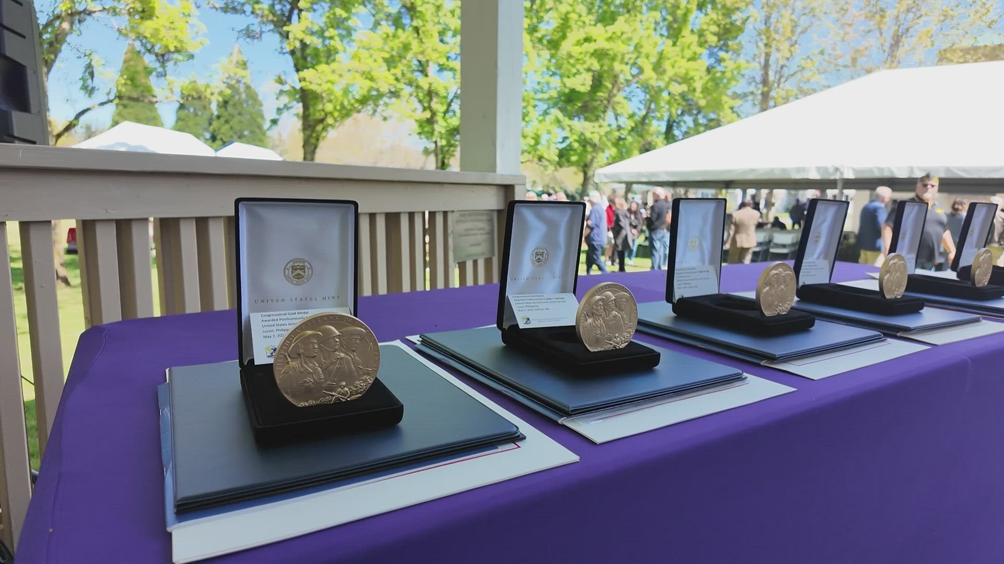 The city of DuPont, Washington, becomes a Purple Heart city and hosts Congressional Gold Medal ceremony, May 5, 2024. A city can become a Purple Heart city only after the mayor gives a proclamation and presentation to a local chapter of the Military Order of the Purple Heart. The Congressional Gold Medal, the highest civilian award that is bestowed by Congress, was awarded to five veterans posthumously and one living recipient. (U.S. Army video by Pvt. Kyle Kimble)<br /><br />Music provided by Epidemic Sound.