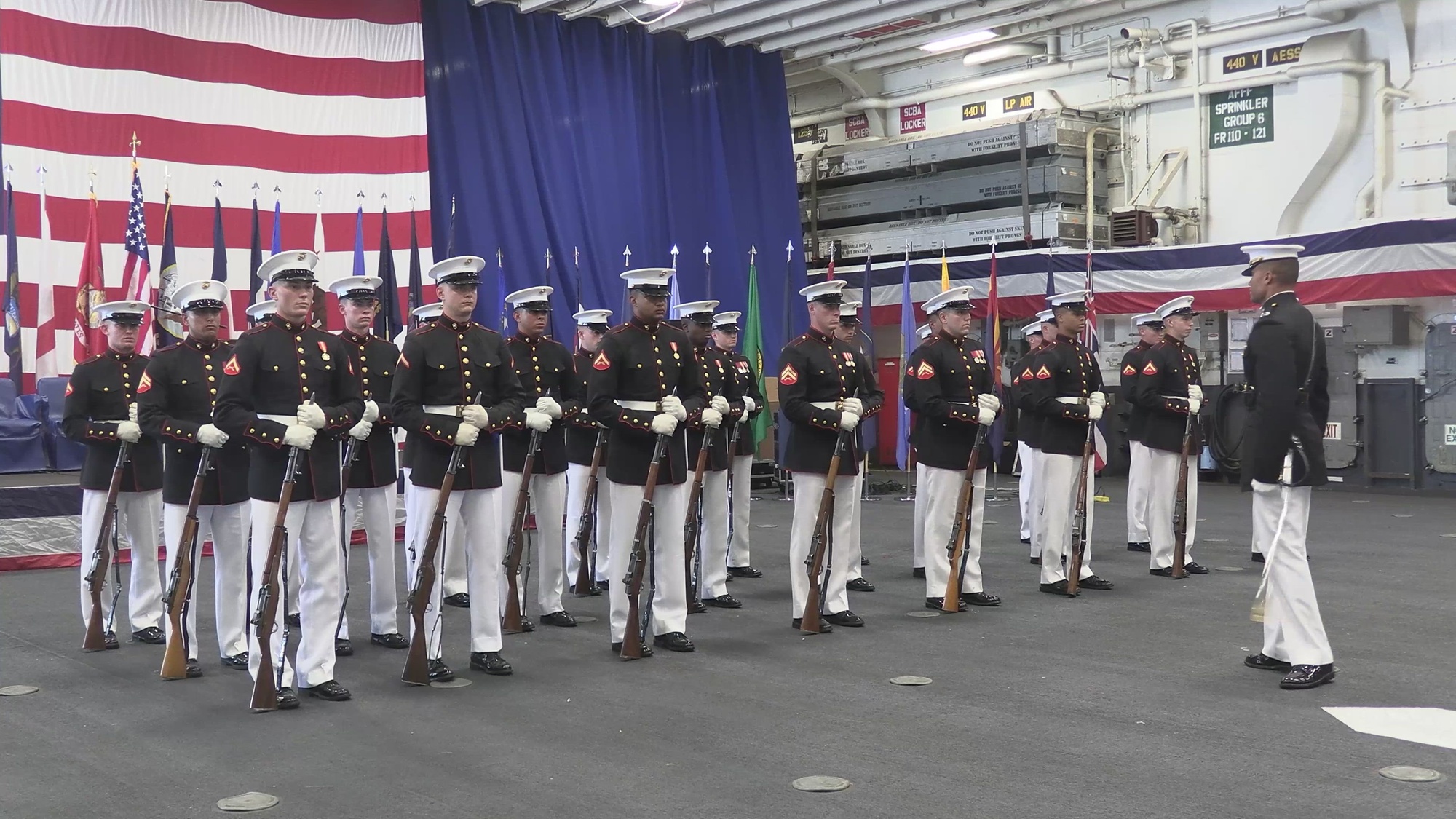 The U.S. Marine Corps Silent Drill Platoon perform and demonstrate Marine Corps discipline aboard the amphibious assault ship USS Bataan (LHD-5) as a part of Fleet Week Miami 2024, in Miami, May 9, 2024. Fleet Weeks are a tradition of the U.S. Navy, Marines Corps, and Coast Guard, where major U.S. cities host Marines, Sailors, and Coast Guardsmen for one week of community-wide events.  Fleet week Miami, in its first year, is an opportunity for residents and visitors to meet with service members, foster community relationships, and view the latest capabilities of today’s maritime services. (U.S. Marine Corps video by Lance Cpl. Alexander Peterson)