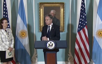 Secretary of State Antony J. Blinken participates in a Memorandum of Understanding Signing Ceremony with Argentine Foreign Minister Diana Mondino at the Department of State