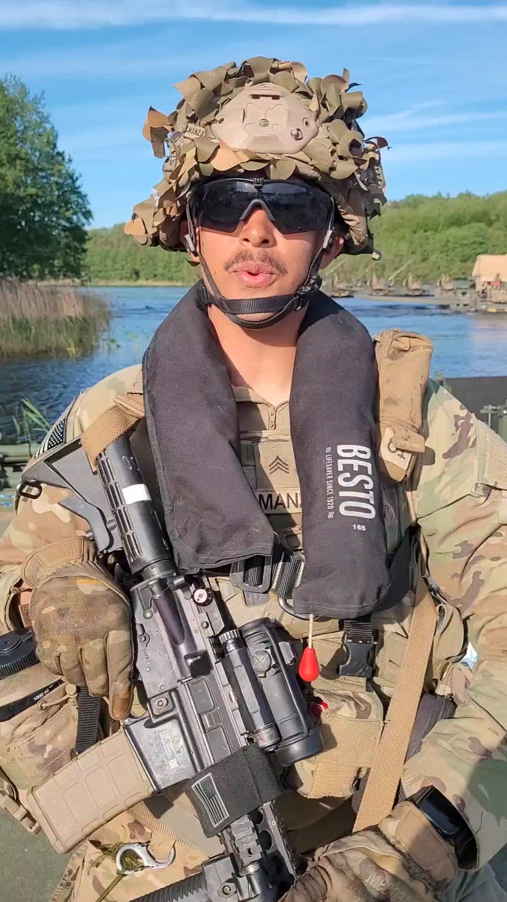 Meet Sgt. Cristofer Almanzar, a bridge crewmember with 43rd Multi-Role Bridge Company, 20th Engineer Battalion, 36th Engineer Brigade. Almanzar was deployed to the Drawsko Combat Training Center, Poland, in support of Immediate Response 24, to work on tactical water crossing operations, May 15, 2024.  Almanzar executed a Wet Gap Crossing, an operation that uses the Improved Ribbon Bridge to move troops and equipment across a water obstacle. 

DEFENDER is the Dynamic Employment of Forces to Europe for NATO Deterrence and Enhanced Readiness, and is a U.S. European Command scheduled, U.S. Army Europe and Africa conducted exercise that consists of Saber Strike, Immediate Response, and Swift Response. DEFENDER 24 is linked to NATO’s Steadfast Defender exercise, and DoD’s Large Scale Global Exercise, taking place from 28 March to 31 May. DEFENDER 24 is the largest U.S. Army exercise in Europe and includes more than 17,000 U.S. and 23,000 multinational service members from more than 20 Allied and partner nations, including Croatia, Czechia, Denmark, Estonia, Finland, France, Germany, Georgia, Hungary, Italy, Latvia, Lithuania, Moldova, Netherlands, North Macedonia, Norway, Poland, Romania, Slovakia, Spain, Sweden, and the United Kingdom. (U.S. Army Reserve video by Sgt. Tamie Norris)