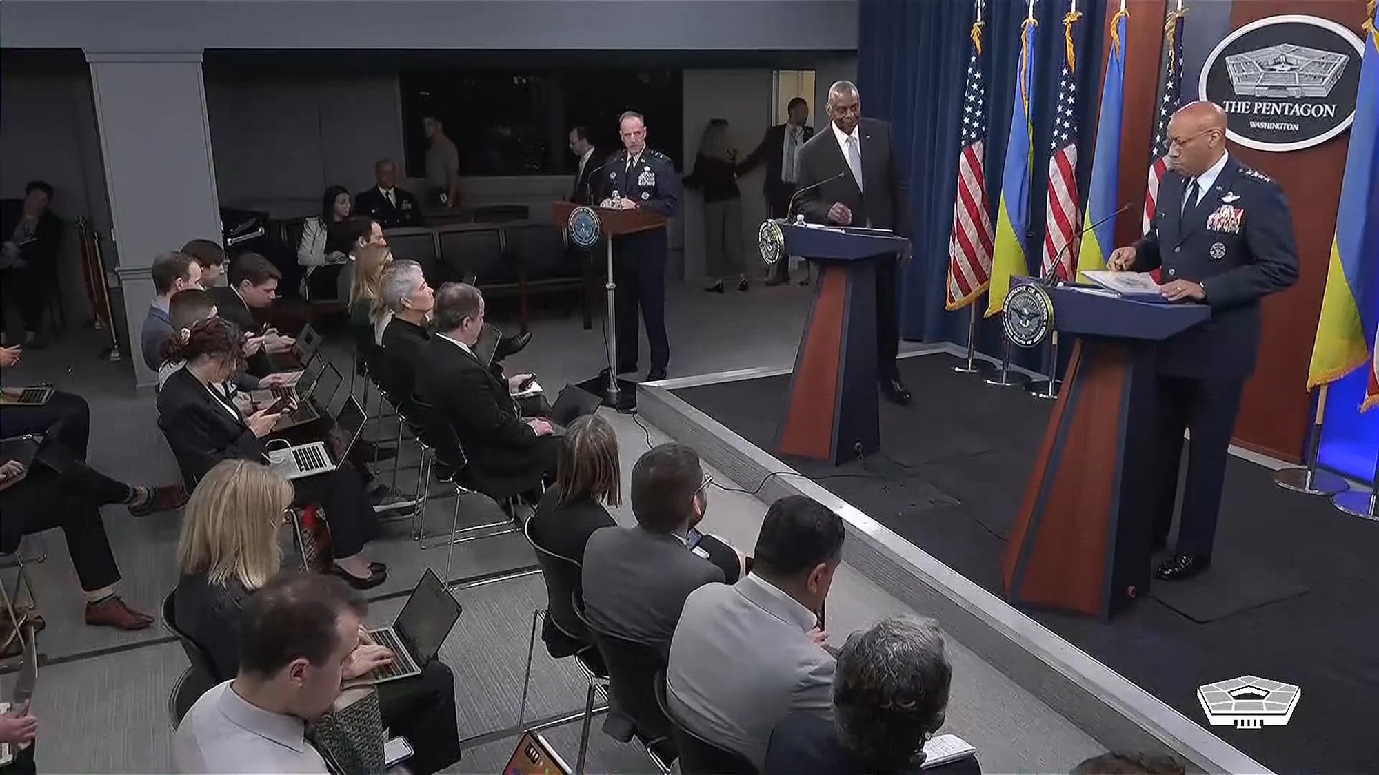 Secretary of Defense Lloyd J. Austin III and Joint Chiefs of Staff Chairman Air Force Gen. CQ Brown, Jr., brief the news media following a meeting of the Ukraine Defense Contact Group.