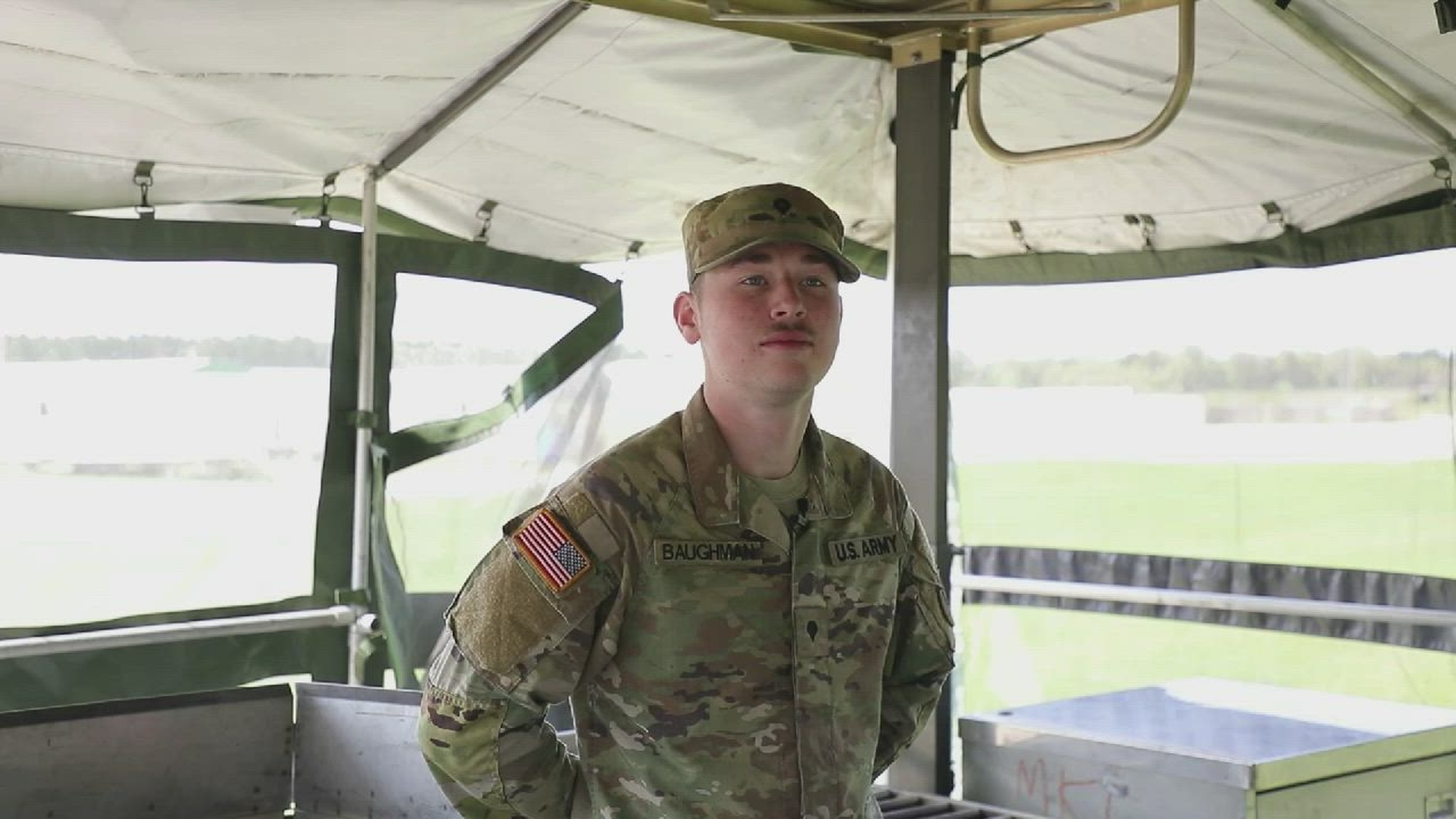 Spc. Gregory Baughman with the Army Reserve&#39;s 238th Quartermaster (Field Feeding) Company discusses his company&#39;s team competition in the 2024 Philip A. Connelly Competition at Fort McCoy, Wis., in an interview on May 14, 2024, at Logistical Staging Area Freedom on Fort McCoy&#39;s South Post where the competition was held. According to the U.S. Army Quartermaster Corps, the Philip A. Connelly Program is &quot;the personification of food service excellence executed by culinary specialists resulting in the presentation of extremely gratifying dining experiences across all Army food service platforms in garrison and field environments.