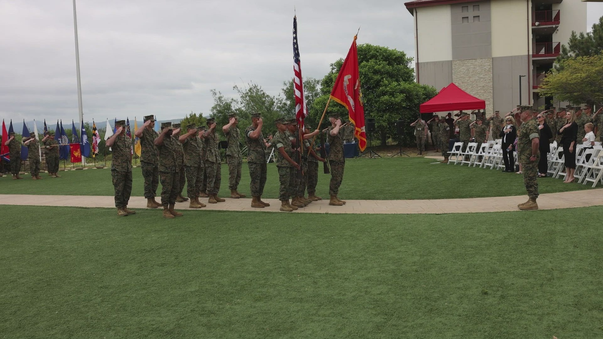 U.S. Marine Corps Sgt. Maj. David M. Fallon, relinquishes the sword of office to Sgt. Maj. Robert K. Lusk, as he assumes command of the 1st Civil Affairs Group at Marine Corps Base Camp Pendleton, California, May 18, 2024. The historic post and relief ceremony is a time-honored tradition within the U.S. Marine Corps. The ceremony serves as the official changeover between sergeants major, honoring the outgoing sergeant majors’ contributions, while offering the opportunity for the oncoming sergeant major to introduce himself to the Marines now under his charge. (U.S. Marine Corps video by Lance Cpl. Adrian Estrada)