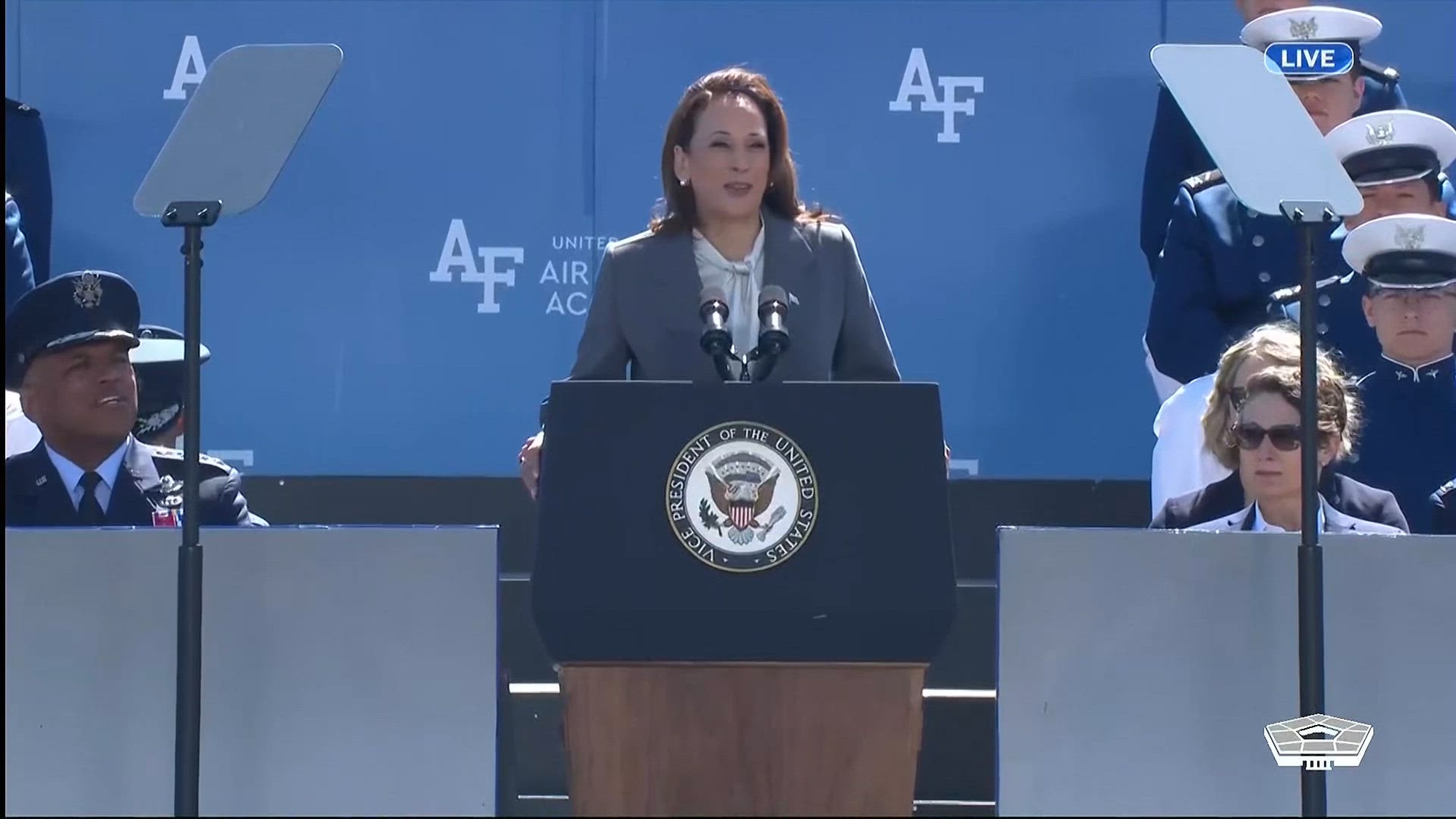 Vice President Kamala Harris gives the commencement address at the U.S. Air Force Academy’s 2024 graduation ceremony.