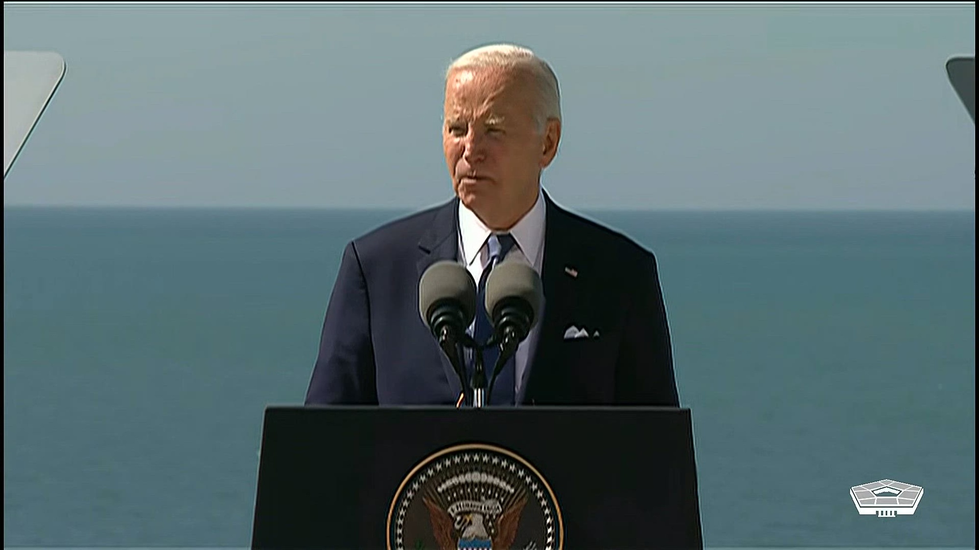 President Joe Biden speaks at the Pointe du Hoc Ranger Monument in Normandy, France. Secretary of Defense Lloyd J. Austin III and Chairman of the Joint Chiefs of Staff Air Force Gen. CQ Brown, Jr., will be in attendance.