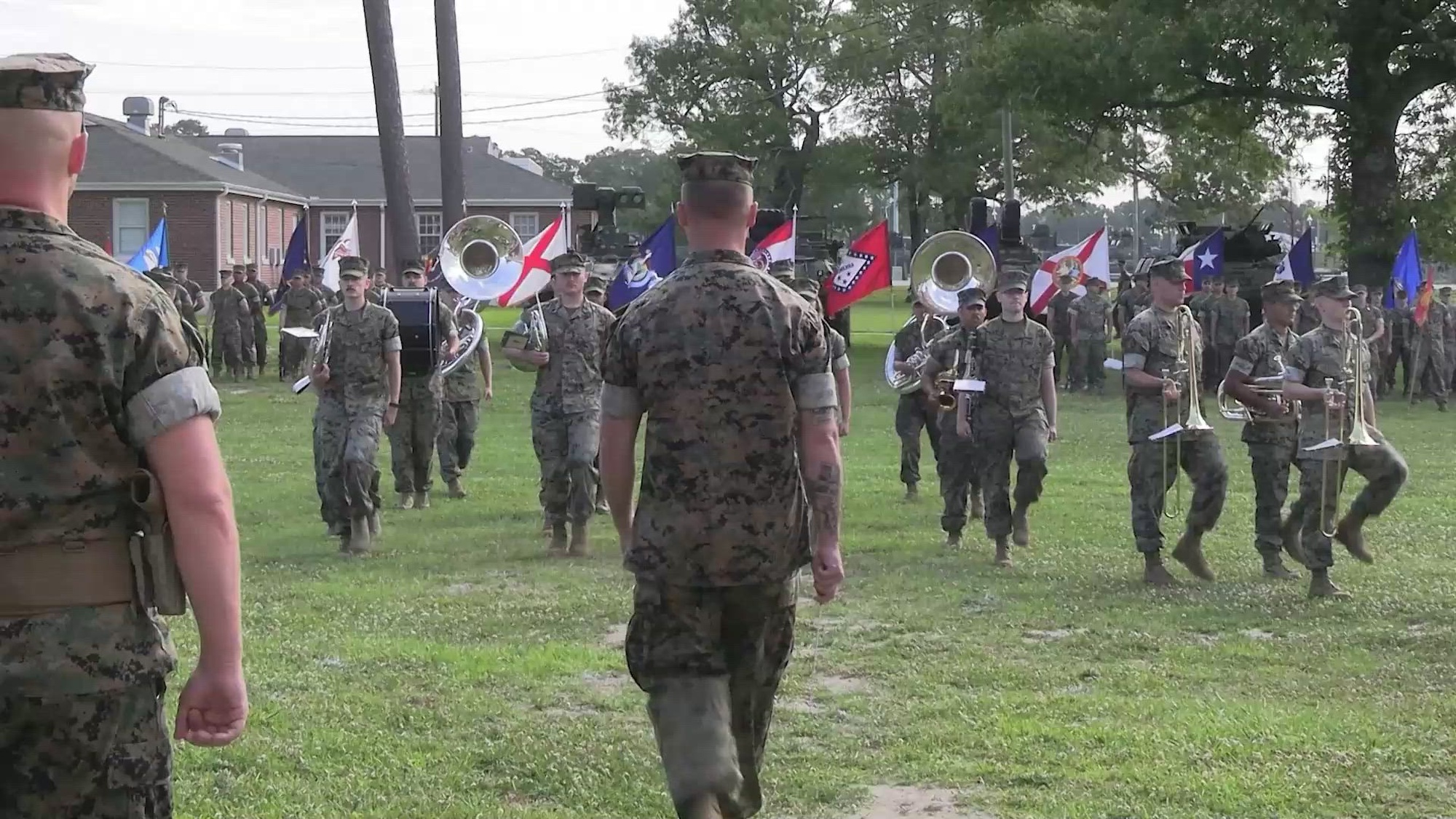U.S. Marines and Sailors with 2d Light Armored Reconnaissance (LAR) Battalion, 2d Marine Division participate in a change of command ceremony on Camp Lejeune, North Carolina, June 6, 2024. The ceremony represents the transfer of responsibility, authority, and accountability from Lt. Col. Charles E. Miller II  to Lt. Col. Michael W. Kohler. (U.S. Marine Corps video by Lance Cpl. Grace Stover)