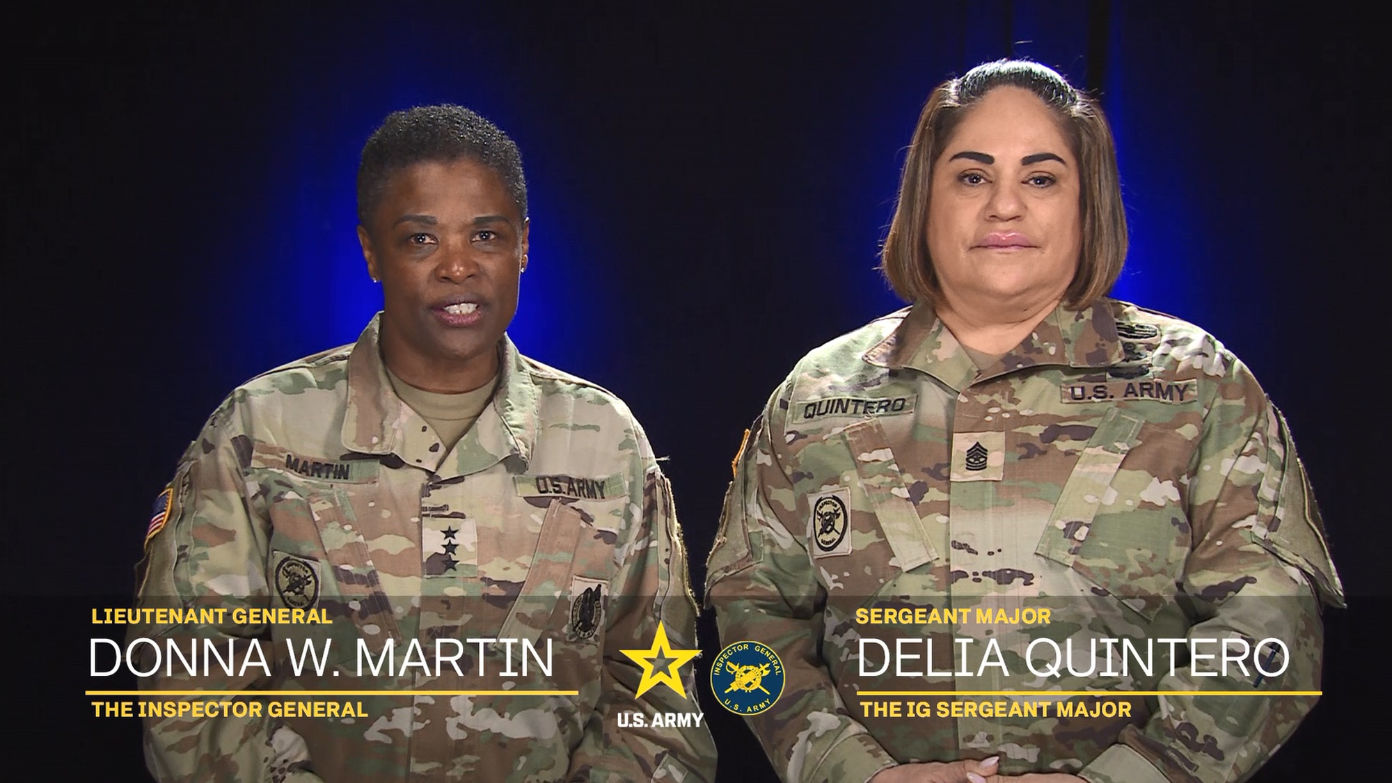 U.S. Army Lt. Gen. Donna W. Martin, the 67th Inspector General, and Sgt. Maj. Delia Quintero, the Inspector General Sergeant Major, discuss the history and functions of the Army IG System, Feb. 8, 2024. (U.S. Army video)