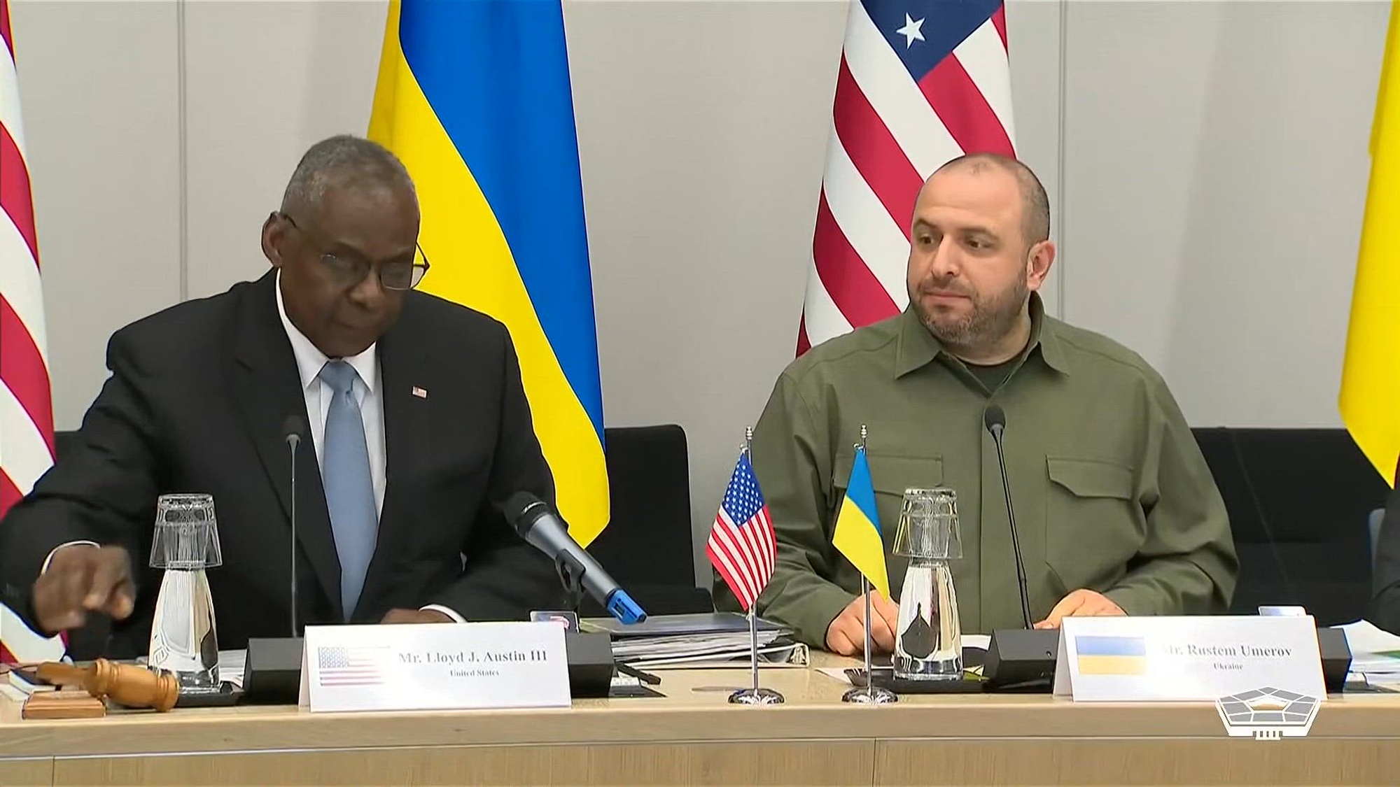 Secretary of Defense Lloyd J. Austin III delivers opening remarks at the 23rd Ukraine Defense Contact Group meeting. Ministers of defense and senior military officials from nearly 50 nations discuss the ongoing crisis in Ukraine.