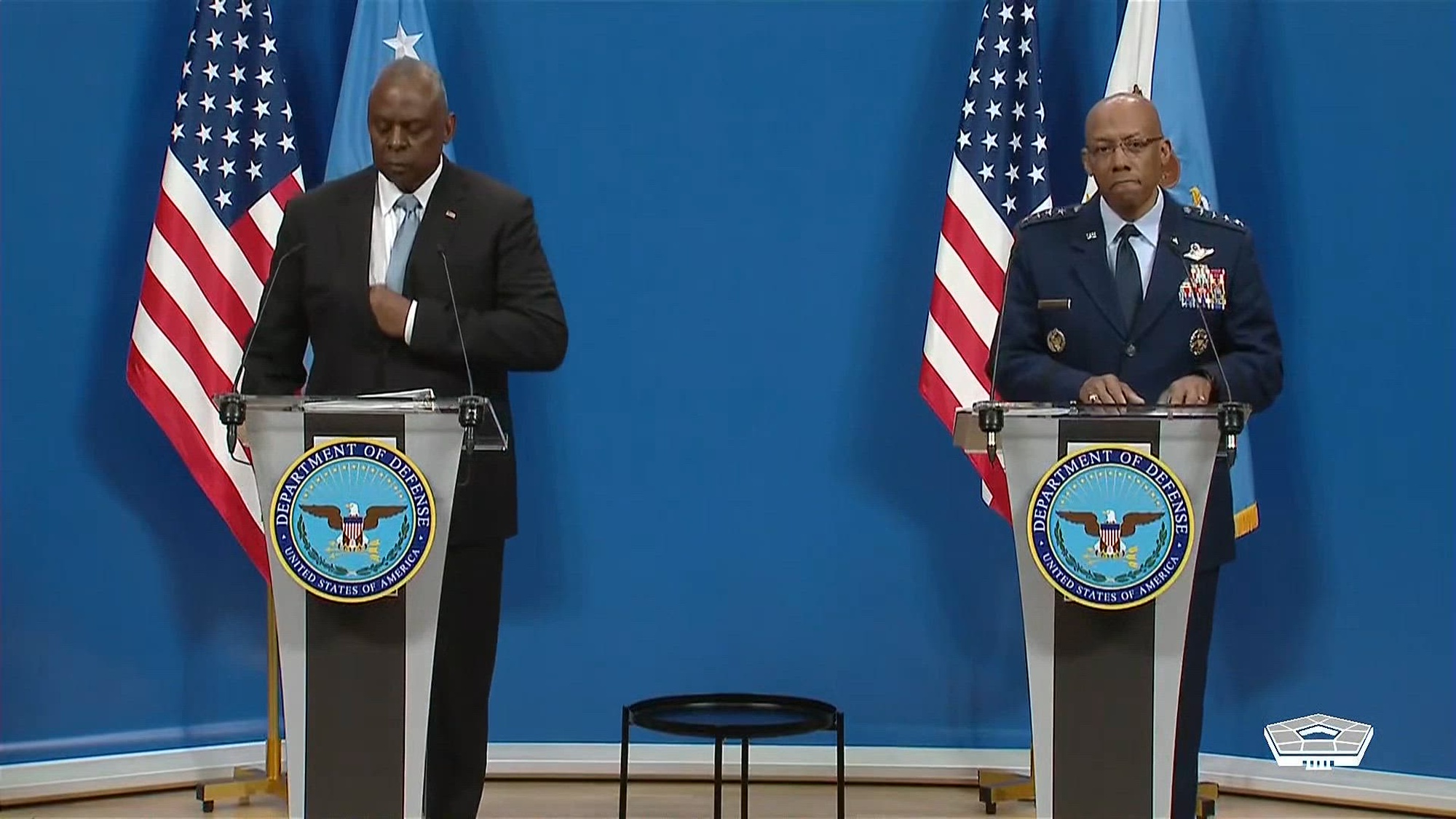 Secretary of Defense Lloyd J. Austin III and Joint Chiefs of Staff Chairman Air Force Gen. CQ Brown, Jr., brief the media following a meeting of the Ukraine Defense Contact Group.