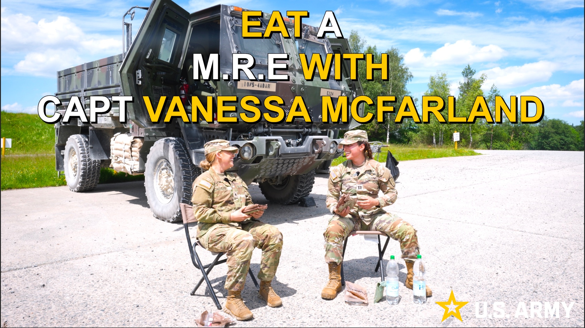 U.S. Army Capt. Vanessa McFarland, Echo Battery, 5th Battalion, 4th Air Defense Artillery Commander, and Sgt. Yesenia Cadavid, 10th AAMDC Public Affairs NCOIC, eats an M.R.E while answering questions June 9 during a convoy live fire exercise in Grafenwöhr, Germany. This series will involve soldiers of every rank as we share meals, reflections and experiences with members of team 10 (U.S. Army video by Sgt. Yesenia Cadavid)
