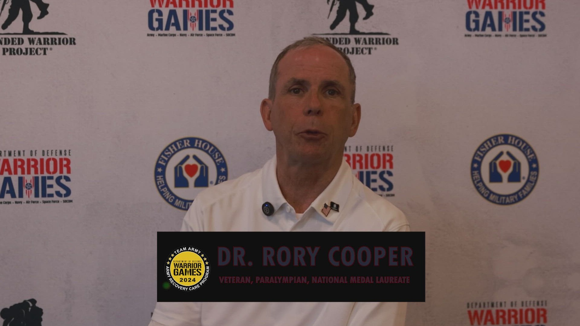 Dr. Rory A. Cooper, gives a shout-out to Team Army during the 2024 Department of Defense Warrior Games at the ESPN Wide World of Sports Complex in Orlando, Florida, June 26, 2024. Service members and veterans from the Army, Air Force, Marine Corps, Navy, U.S. Special Operations Command, and representatives from the Australian Defence Force are competing in adaptive sports including archery, cycling, indoor-rowing, powerlifting, shooting, sitting volleyball, swimming, track, field, wheelchair basketball and wheelchair rugby from June 21 – 30, at the Walt Disney World Resort. (U.S. Army video by Spc. Wesley Akers)