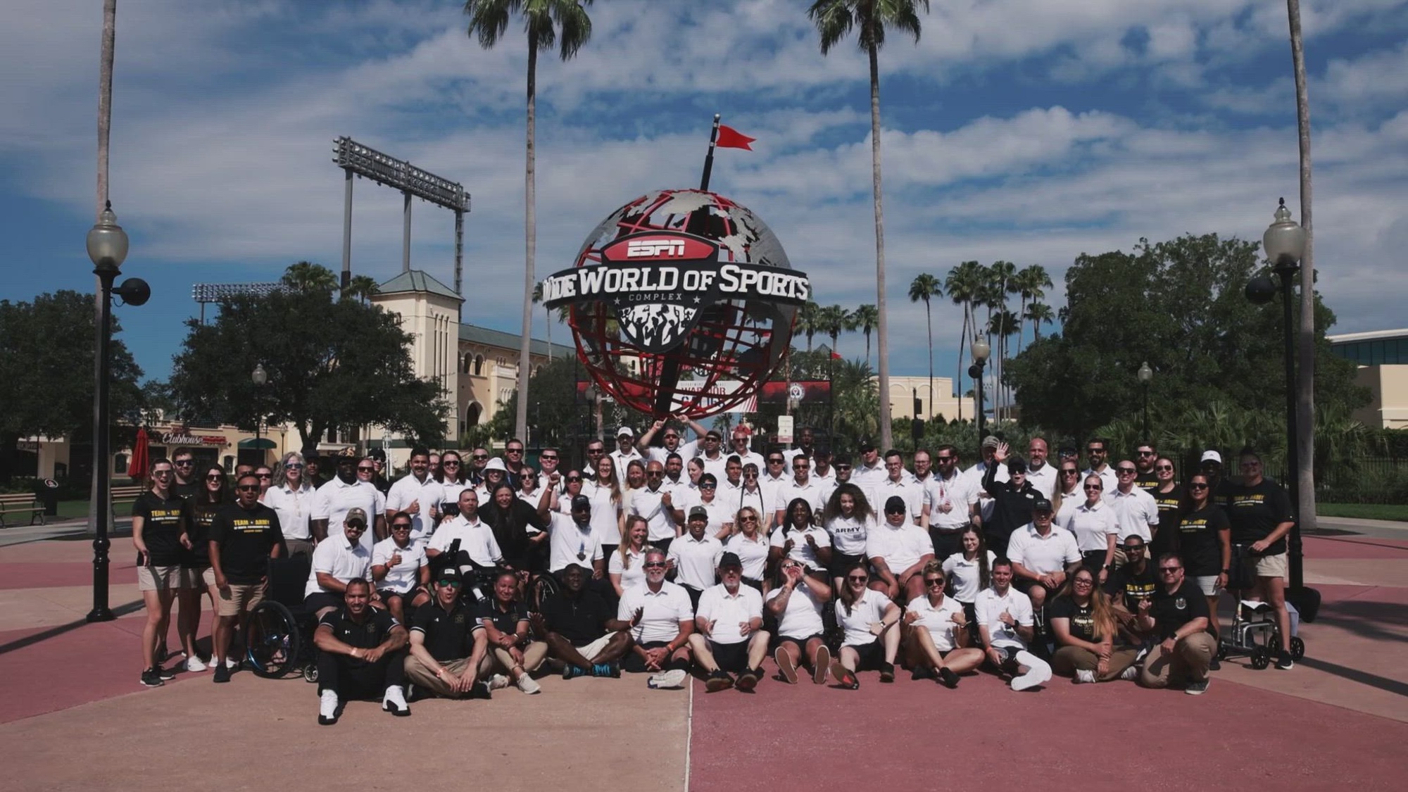 Team Army gives a shout-out during the 2024 Department of Defense Warrior Games at the ESPN Wide World of Sports Complex in Orlando, Florida, June 30, 2024. Service members and veterans from the Army, Air Force, Marine Corps, Navy, U.S. Special Operations Command, and representatives from the Australian Defence Force are competing in adaptive sports including archery, cycling, indoor-rowing, powerlifting, shooting, sitting volleyball, swimming, track, field, wheelchair basketball and wheelchair rugby from June 21 – 30, at the Walt Disney World Resort. (U.S. Army video by Spc. Wesley Akers)