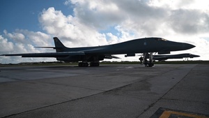 B-1B Lancers assigned to 37th Expeditionary Bomb Squadron depart from Andersen Air Force Base during BTF 24-6