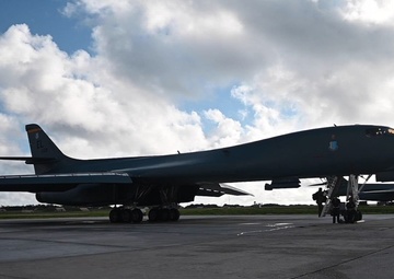 B-1B Lancers assigned to 37th Expeditionary Bomb Squadron depart from Andersen Air Force Base during BTF 24-6