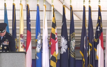 U.S. Air Force Lt. Gen. Tony Bauernfeind speaks at AFSOC Change of Command