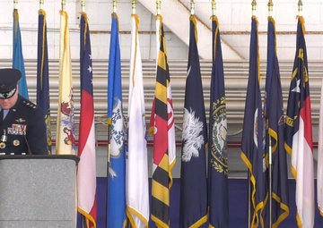 U.S. Air Force Lt. Gen. Tony Bauernfeind speaks at AFSOC Change of Command