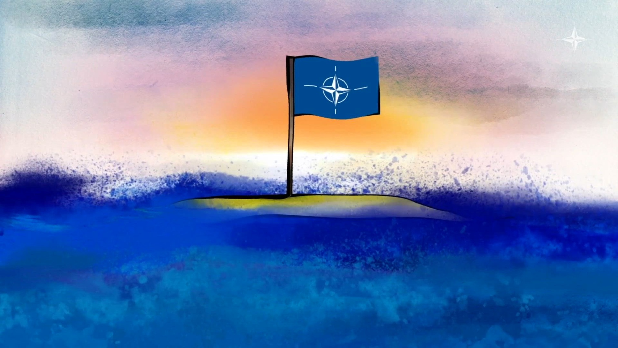 A NATO flag is centered over a paint backdrop of blue and yellow and white tones.