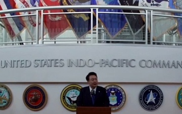 President of the Republic of Korea Yoon Suk Yeol speaks during all-hands call at U.S. Indo-Pacific Command