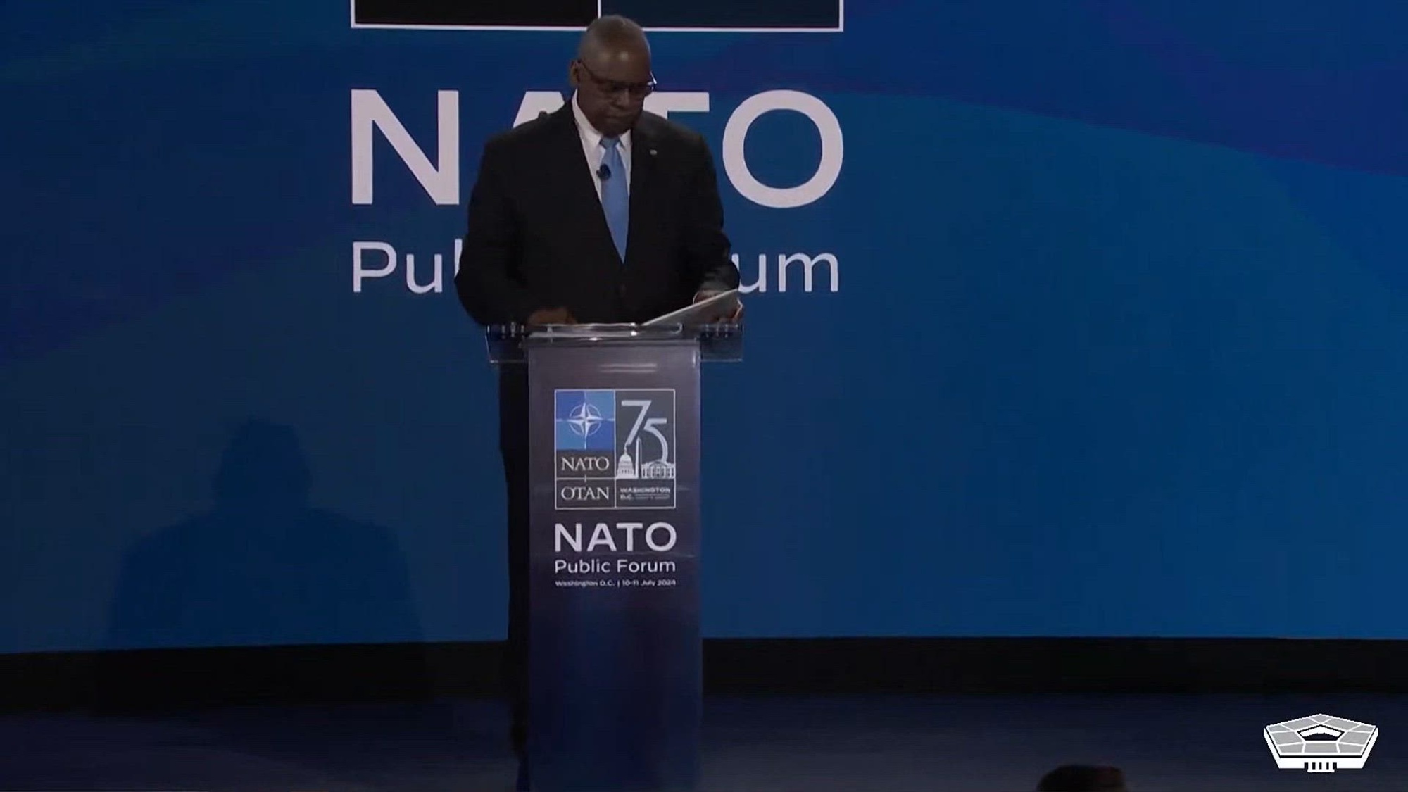 Secretary of Defense Lloyd J. Austin III gives remarks during the NATO Summit commemorating 75 years of military alliance.
