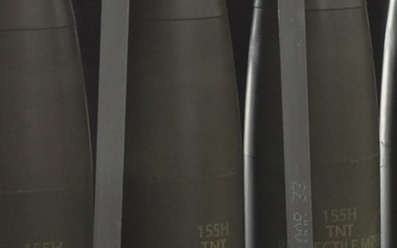 Close up shot of 155mm Projectile Rounds Prior to Distribution