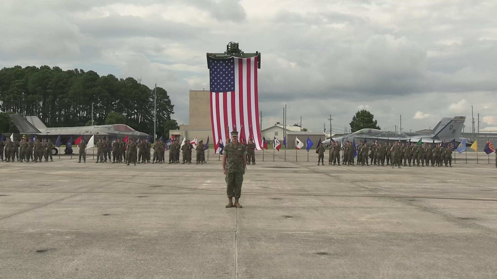 U.S. Marines, with Marine Aircraft Group (MAG) 31, 2nd Marine Aircraft Wing, participate in a change of command ceremony on Marine Corps Air Station Beaufort, South Carolina, June 28, 2024. U.S. Marine Corps Col. Dustin Byrum, outgoing commanding officer, MAG-31, relinquished command to Col. Michael Cassidy, incoming commanding officer, MAG-31. (U.S. Marine Corps photo by Cpl. Mason Coots)