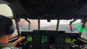 California Air National Guard Aerial Fire Fighting C-130J Drops Retardant on 'Packsaddle' and 'Laura Fire'
