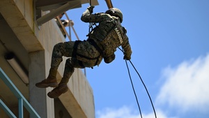 Multinational EOD technicians conduct rappel and fast rope insertion training at RIMPAC