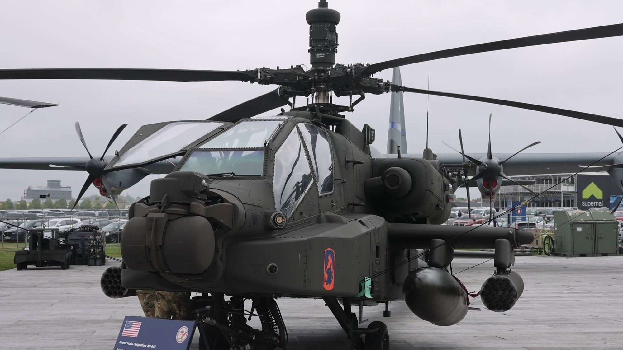U.S. Soldiers assigned to the 12th Combat Aviation Brigade participate in the Farnborough International Airshow with three helicopter displays and an assortment of aircrew members in Farnborough, United Kingdom, July 22, 2024. The FIA provides a venue for V Corps’ aircrews to share their expertise with military and civilian leaders from a variety of nations across the world. (U.S. Army video by Spc. Joshua Maxie)