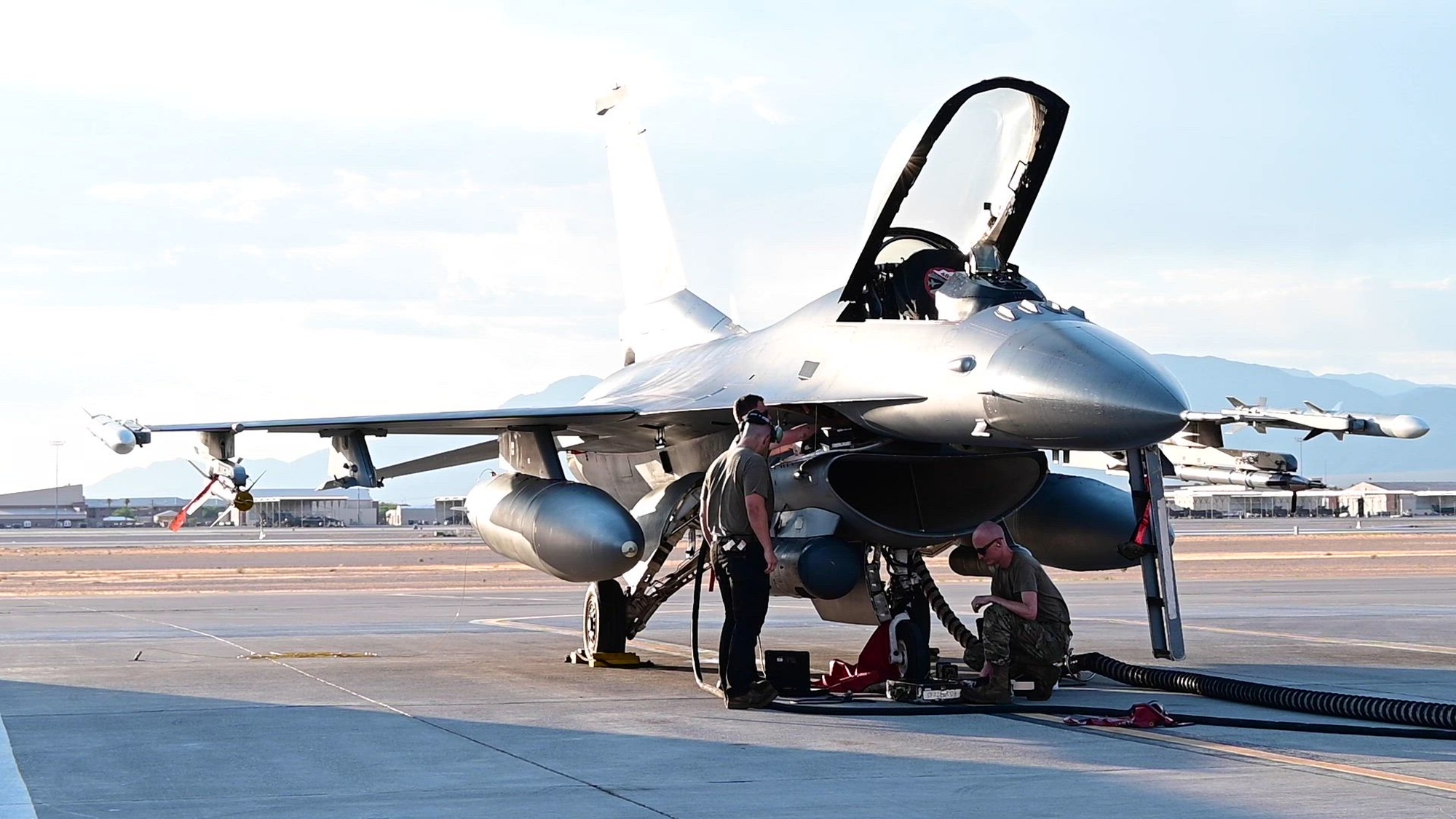 Avionics Technicians assigned to the 480th Fighter Generation Squadron at Spangdahlem Air Force Base (AFB), Germany, work on the F-16 CM Fighting Falcon&#39;s avionics system during Red Flag 24-3 at Nellis AFB, Nevada, July 23, 2024.
